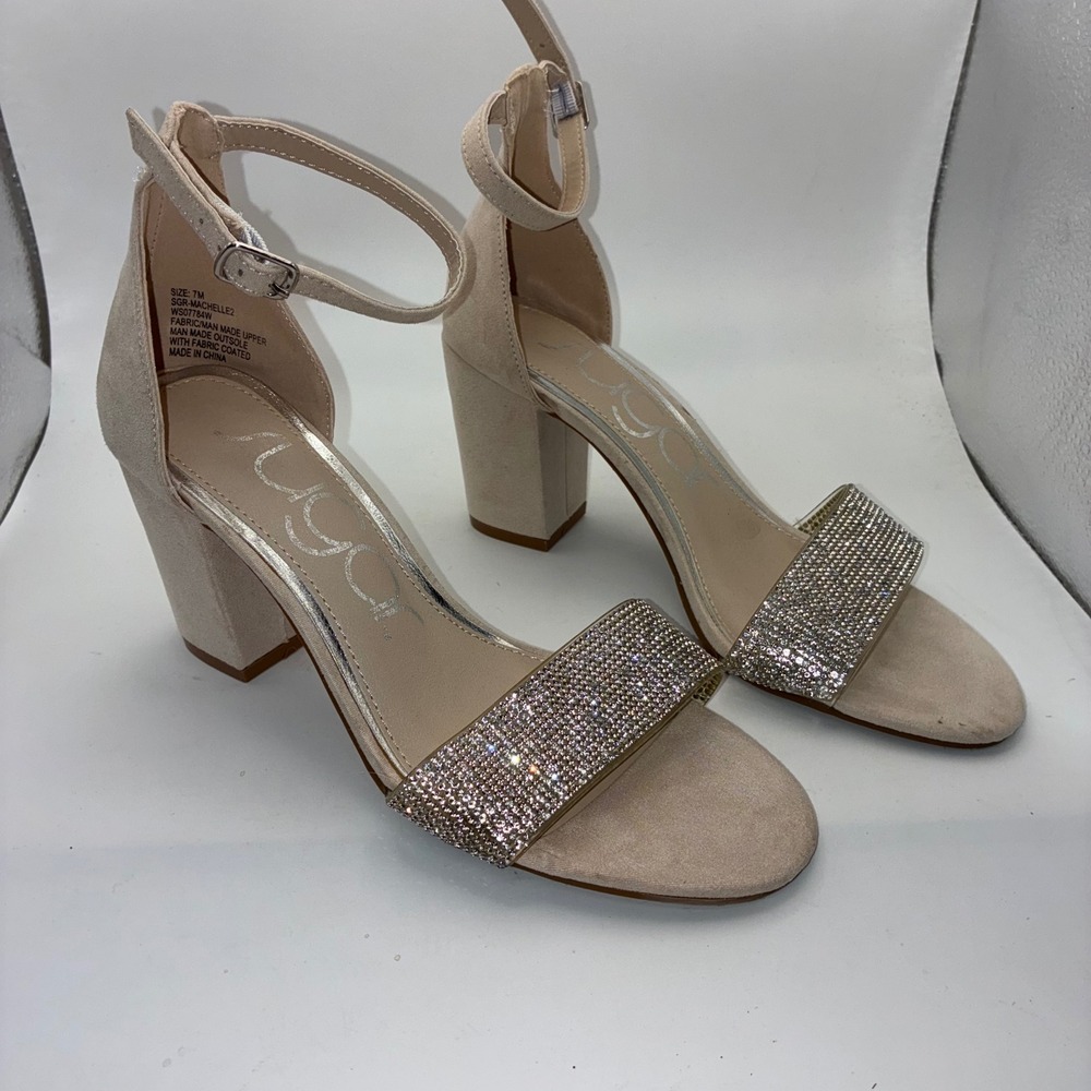 Sugar Machelle 2 Nude Beige Rhinestone Block Heel Sandals Ankle Strap Womens 7M